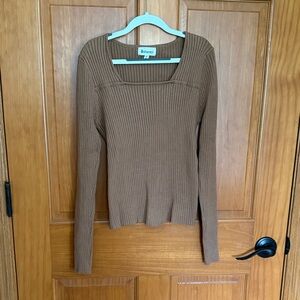 &merci Brown Ribbed Long Sleeve Square Neck Top